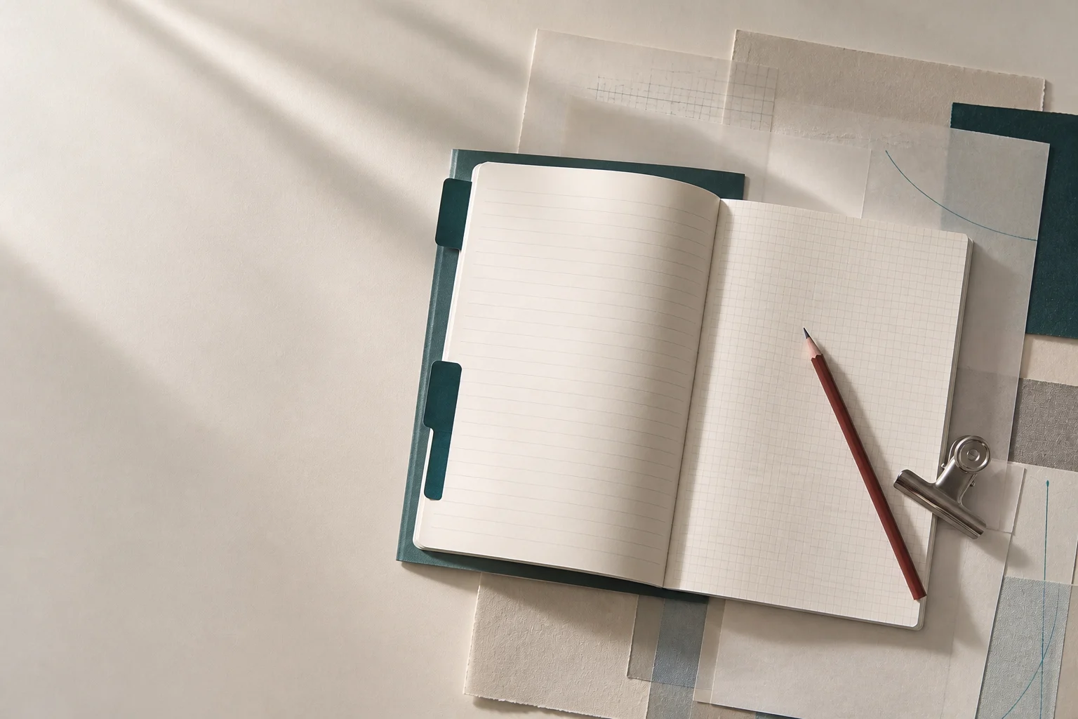 An open field notebook with index tabs, a pencil and a steel clip