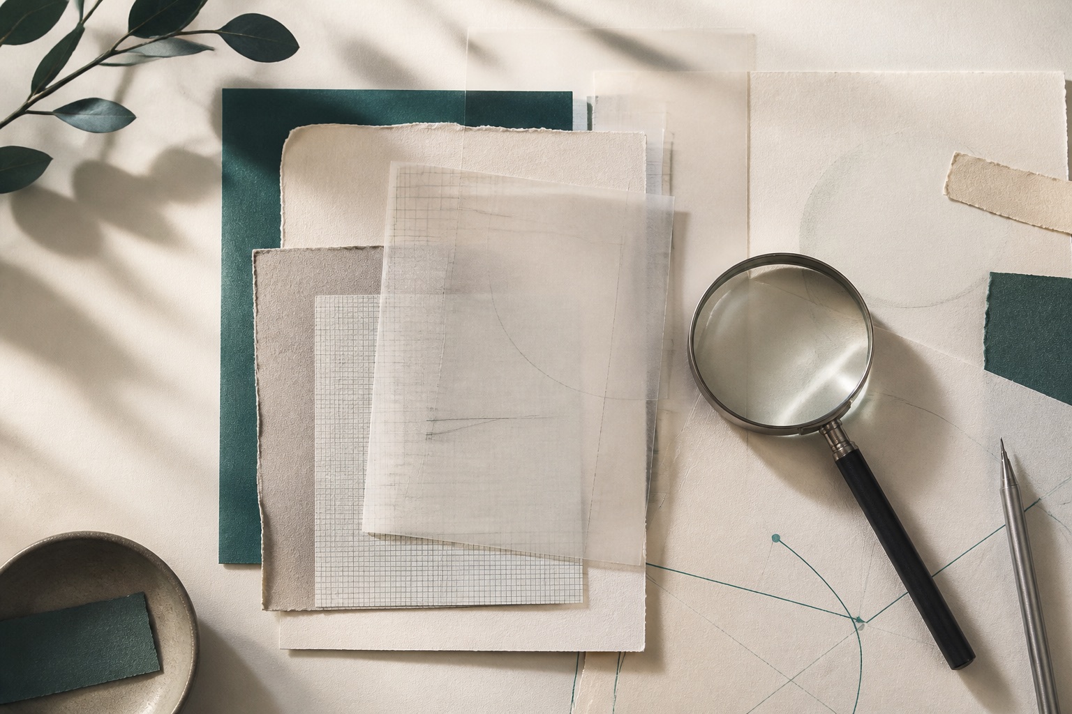 Layered research papers, tracing sheets, a pen and a magnifying lens